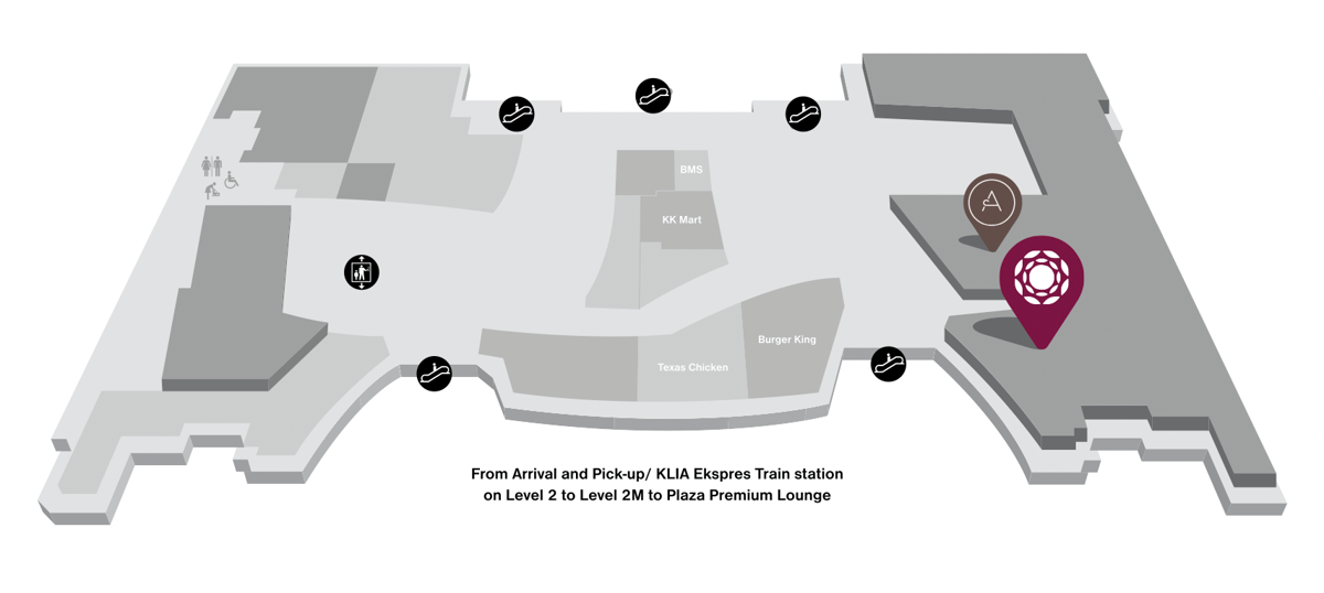 Map showing the location of the T2 Plaza Premium Lounge at Kuala Lumpur Airport.