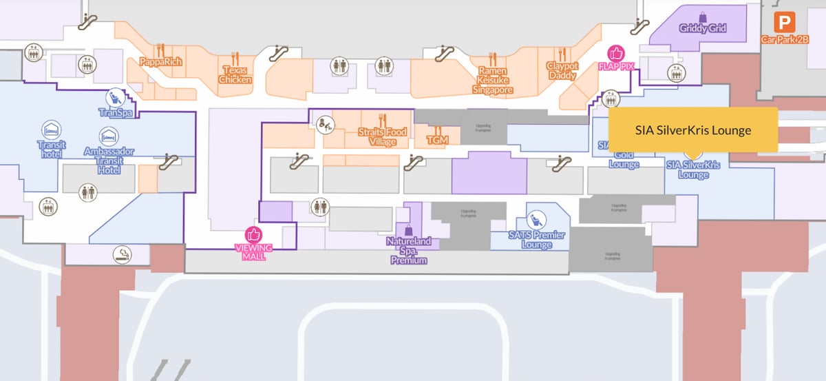 map of Singapore Changi Airport highlighting the location of the SilverKris Business Class Lounge.