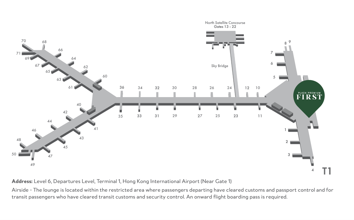 Map of the Hong Kong International Airport showcasing the location of the Plaza Premium First Lounge.