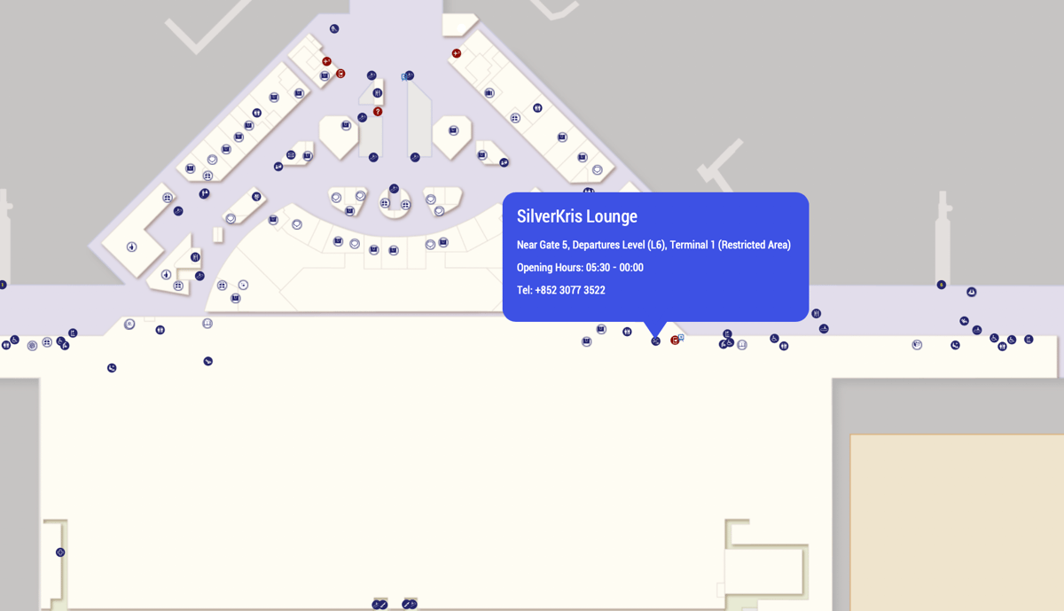 Map of Hong Kong International Airport highlighting the location of the SilverKris Lounge.