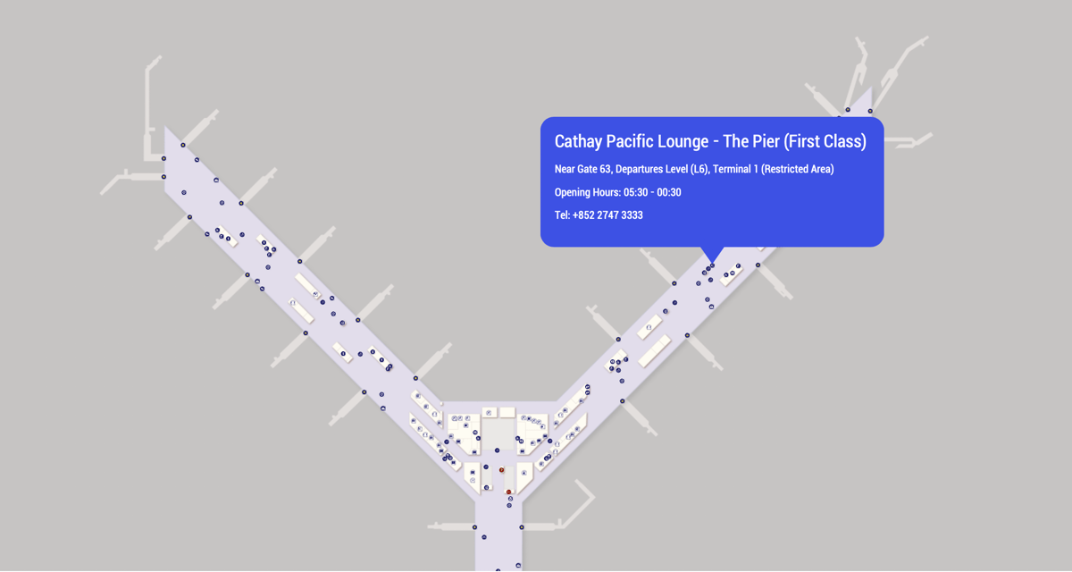 Map highlighting the location of the First Class Pier Cathay Pacific Lounge in Hong Kong International Airport.