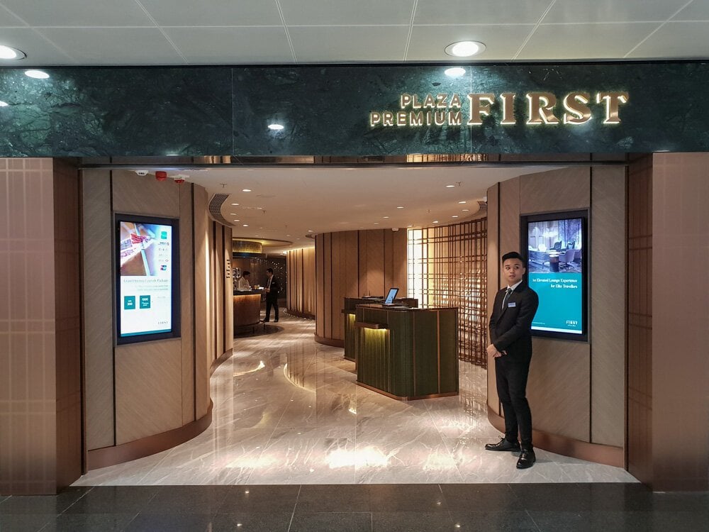 Entrance to the Plaza Premium First Lounge at Hong Kong International Airport.