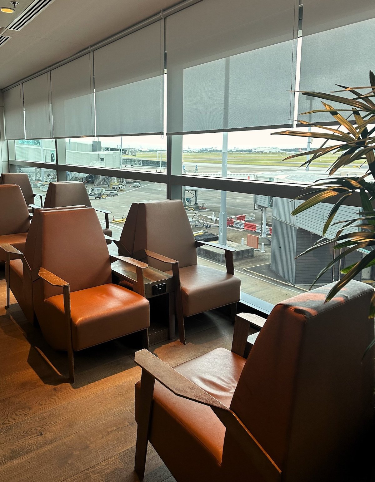 Seating area next to window view at the Brisbane Airport Plaza Premium Lounge featuring brown leather chairs with wooden tabletops between them. The windows overlook the airport runway and boarding areas.