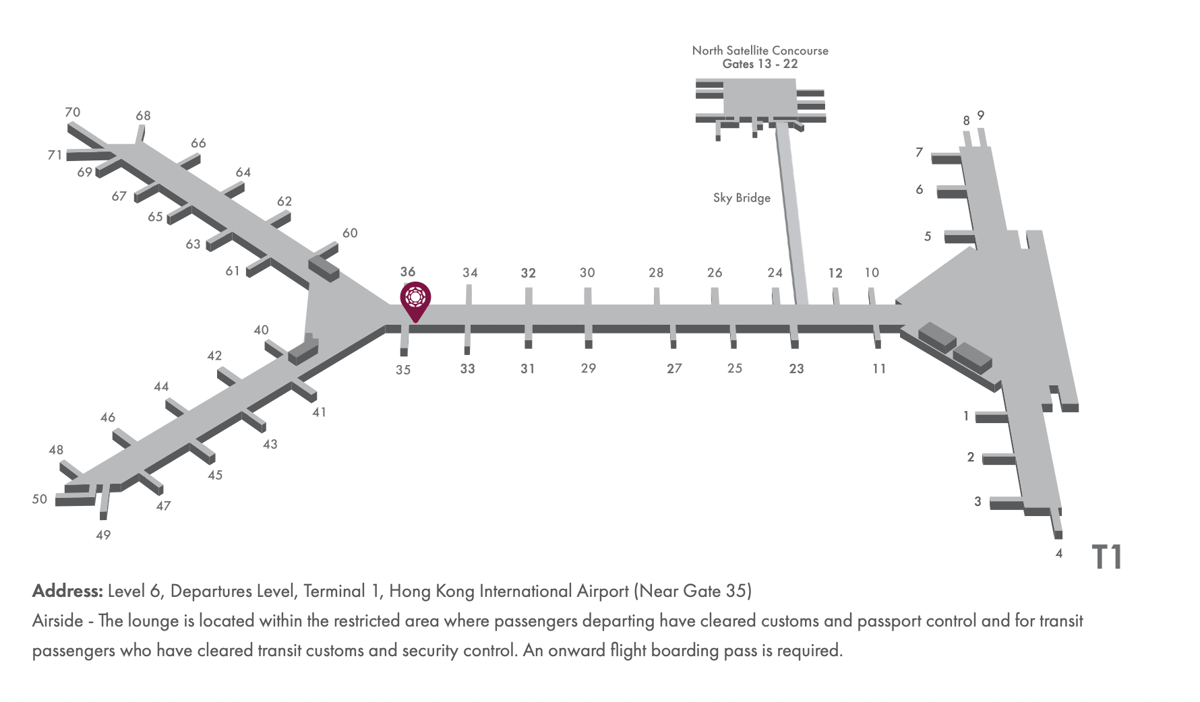 Map of the Hong Kong International Airport highlighting the location of the Plaza Premium Lounge near Gate 35.