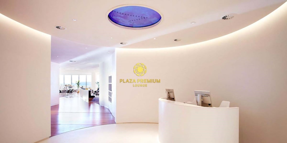 Entrance area to the Plaza Premium Lounge at London Gatwick Airport.