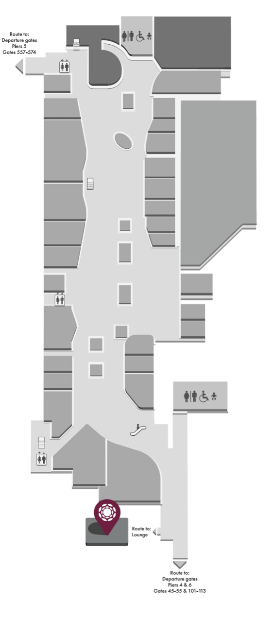 Map of a section of London Gatwick airport, highlighting the location of the Plaza Premium Lounge