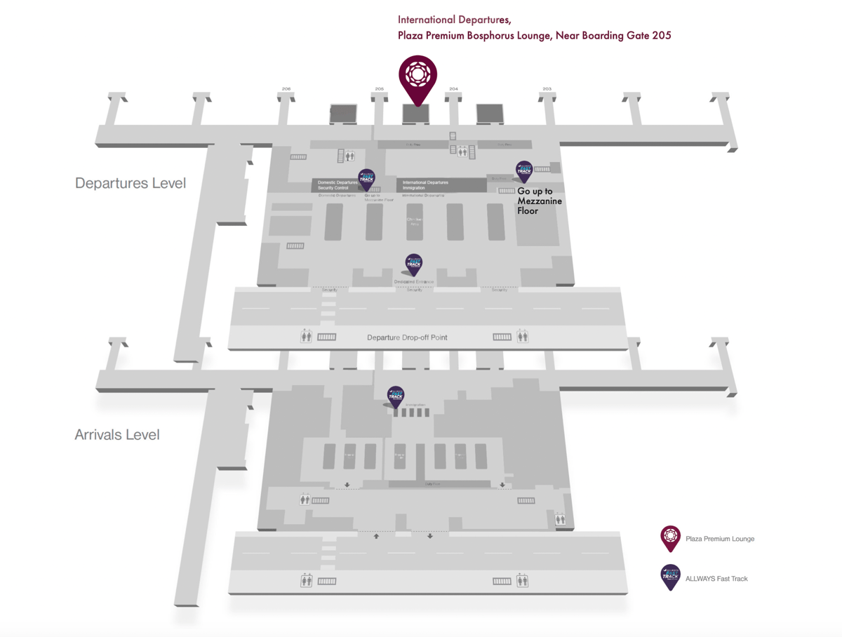 Map of Istanbul Sabiha Airport highlighting the location of the Bosphorous Lounge