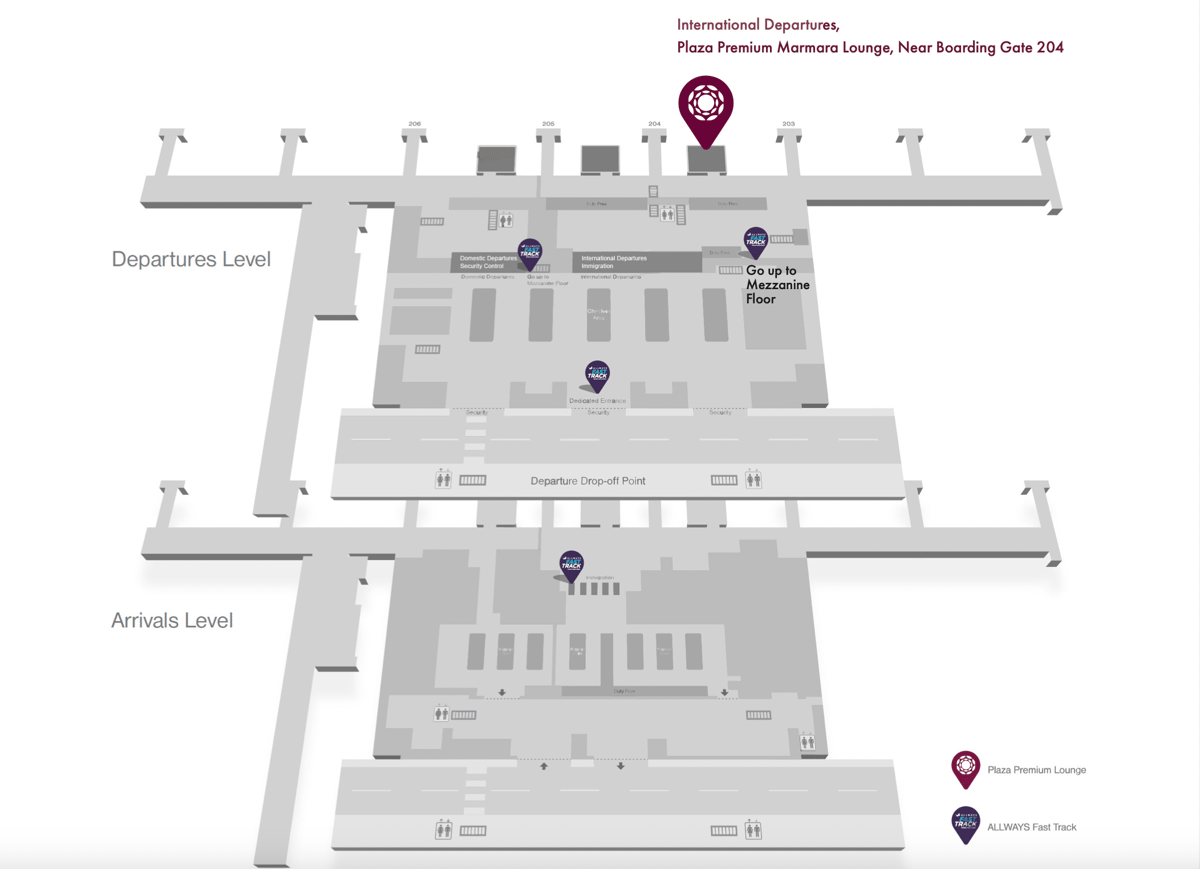 A map of the Istanbul Sabiha International Airport highlighting the location of the Plaza Premium Marmara Lounge.