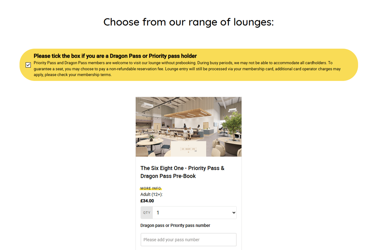Pre-Book Screen for Six Eight One Lounge on Leeds Bradford Website