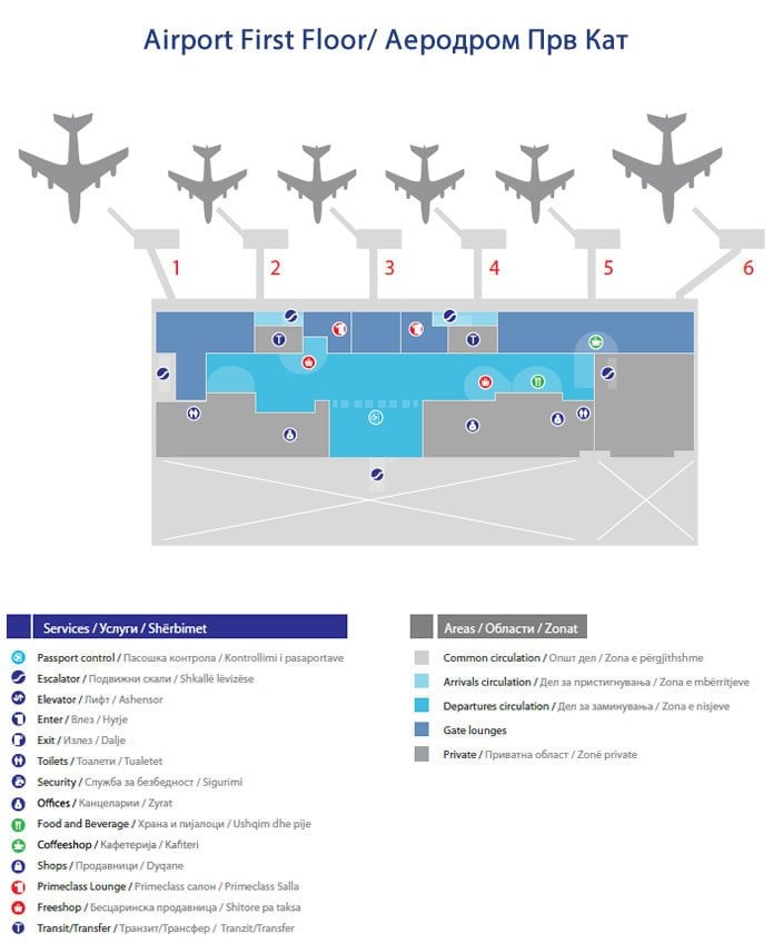 Skopje International Airport Map showing location of Primeclass Lounge