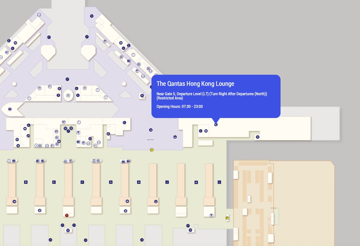 Map of the Qantas International Lounge at Hong Kong International Airport.