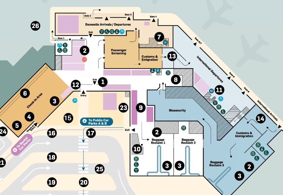 Map of Queenstown airport, highlighting the Manaia Lounge.