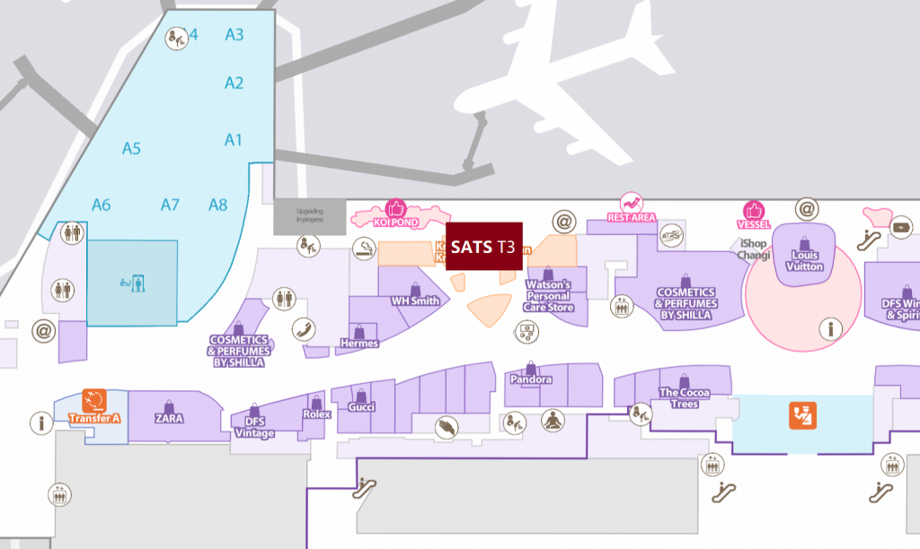 Map of Singapore Changi Airport Terminal 3 highlighting the location of SATS Premier Lounge near boarding gates and luxury retail stores.