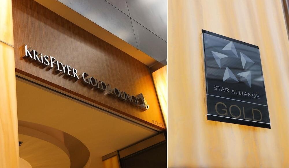 Entrance signage for the KrisFlyer Gold Lounge at Singapore Changi Airport Terminal 3, featuring the Star Alliance Gold emblem on a wooden wall.