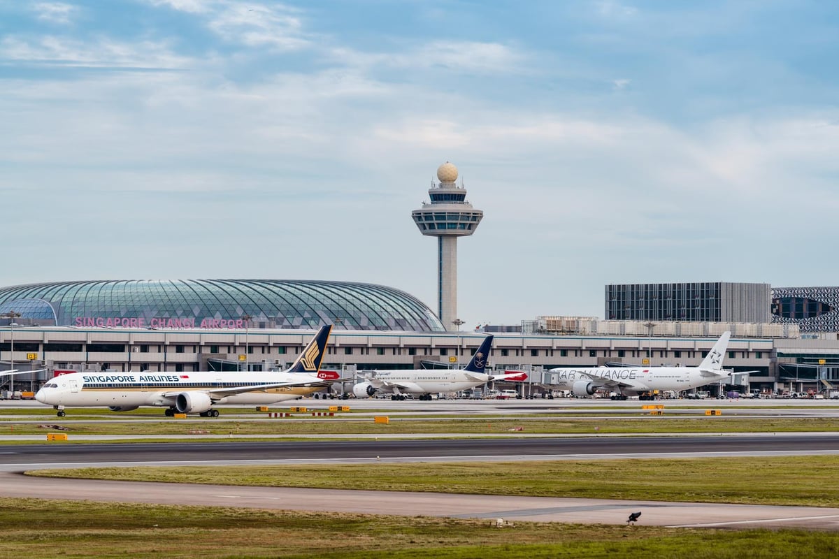 Landscape view of Singapore Airport with Singapore airlines and star alliance planes in the foreground.
