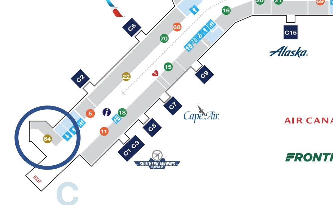 Admirals Club Lounge at St. Louis Lambert, location circled in blue