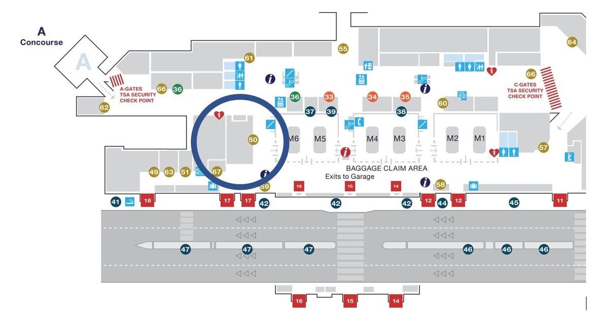 James S. McDonnell USO Lounge at St. Louis Lambert, Location circled in blue