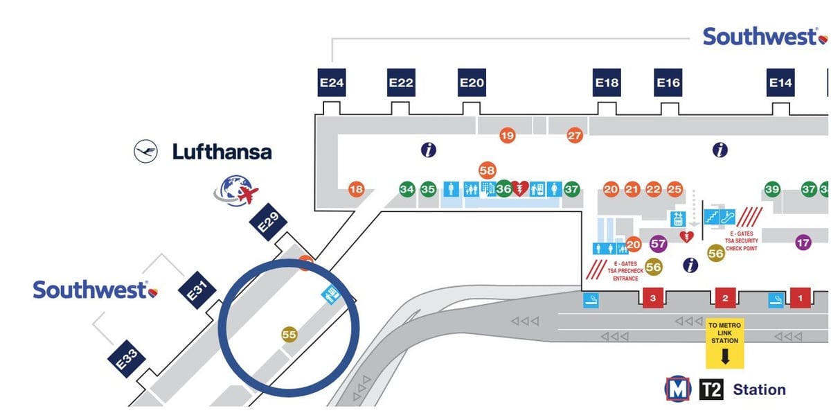 Wingtips Lounge at St. Louis Lambert Airport Terminal 2, location circled in blue