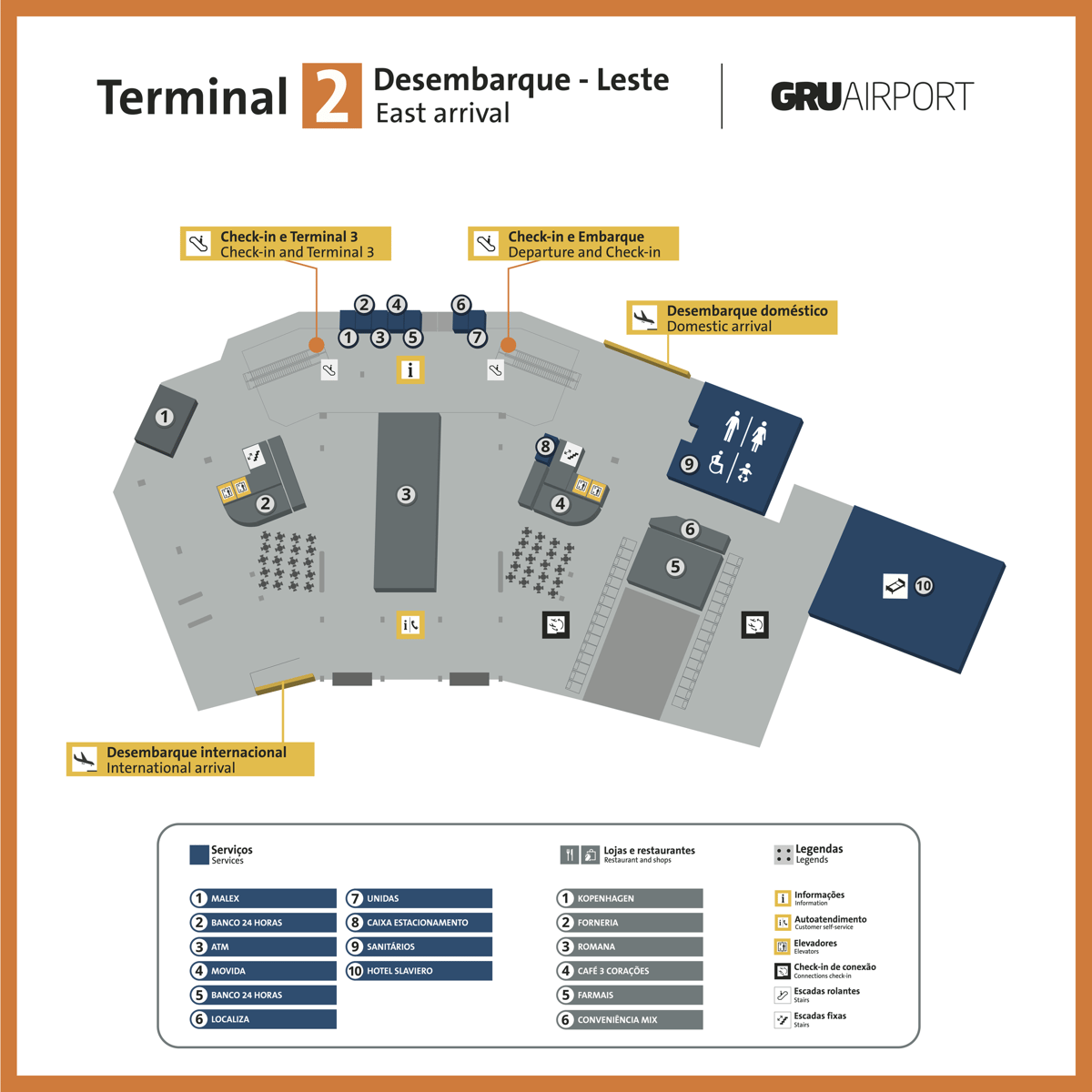 Terminal 2 map of Sao Paulo Airport east arrival area.