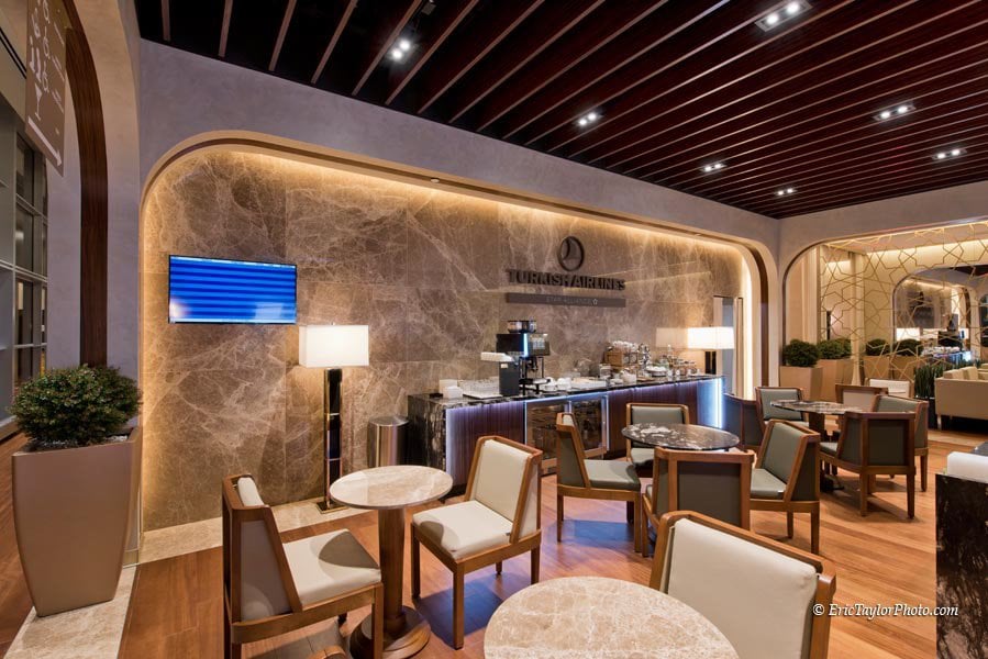 Turkish Airways Lounge Dulles buffet station adjacent to seated dining area