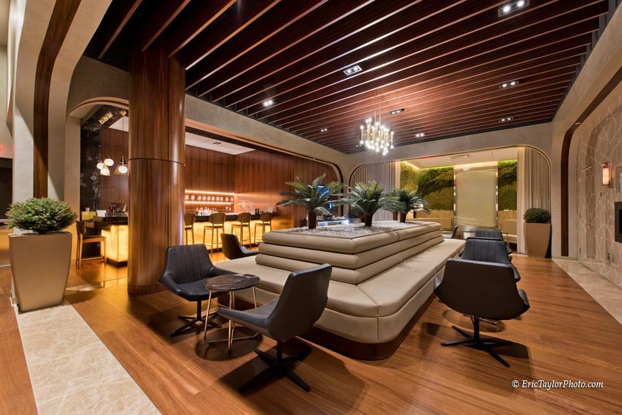 Turkish Airways Lounge Dulles long white couch seating and adjacent bar