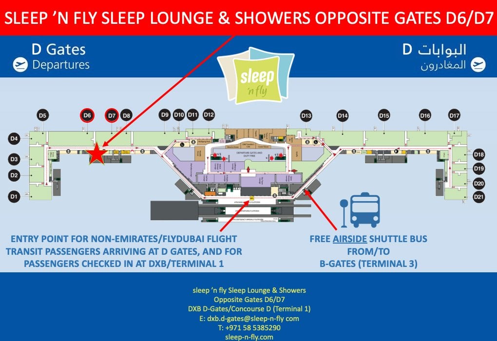 Map showing the location of sleep 'n fly in Concourse D at DXB Dubai Airport