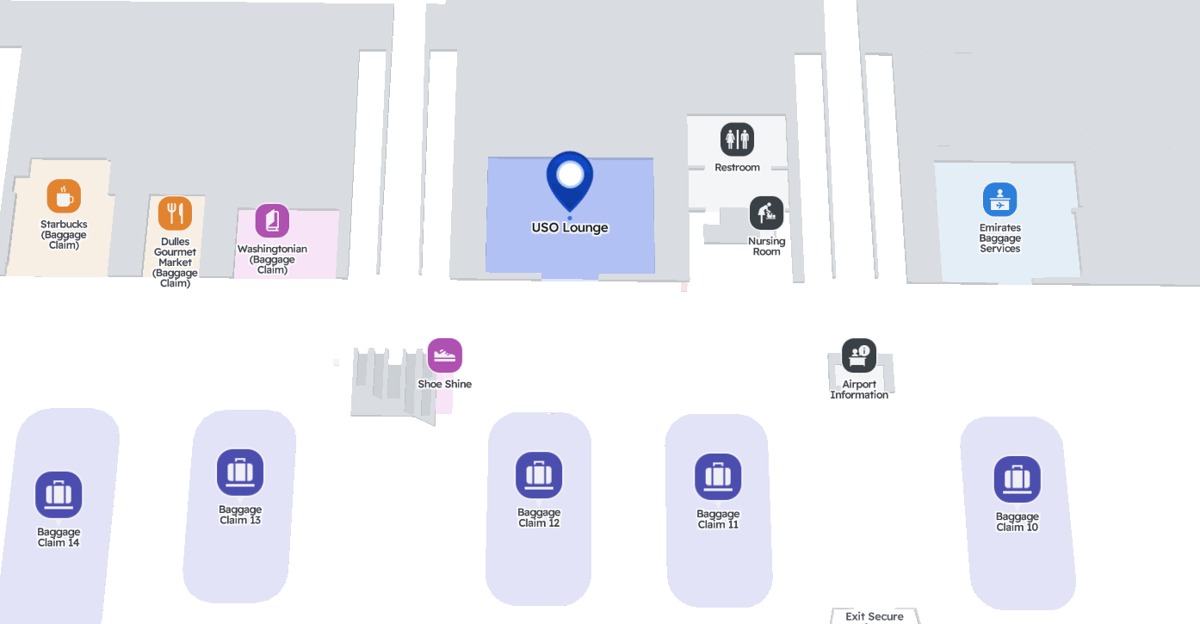Location of USO Lounge Dulles Pre-Security in Baggage Area