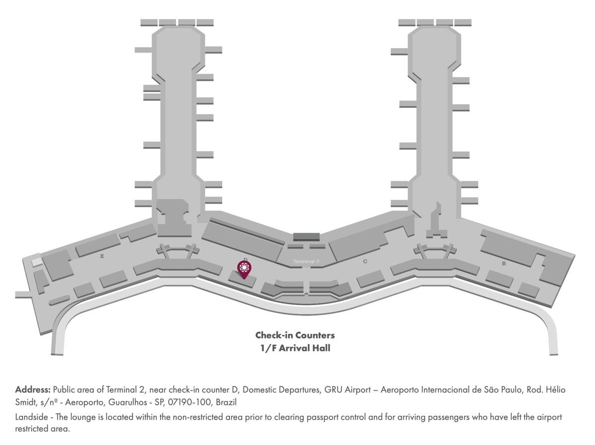 Map of São Paulo Guarulhos Airport highlighting the location of the landside Plaza Premium lounge.