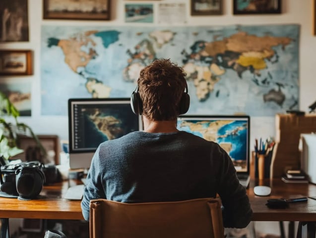 Travel advisor working at desk