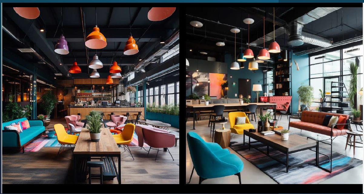 Gate Z Lounge interior featuring a stylish, industrial-chic design with high ceilings, colorful pendant lighting, plush modern seating, and open social areas.