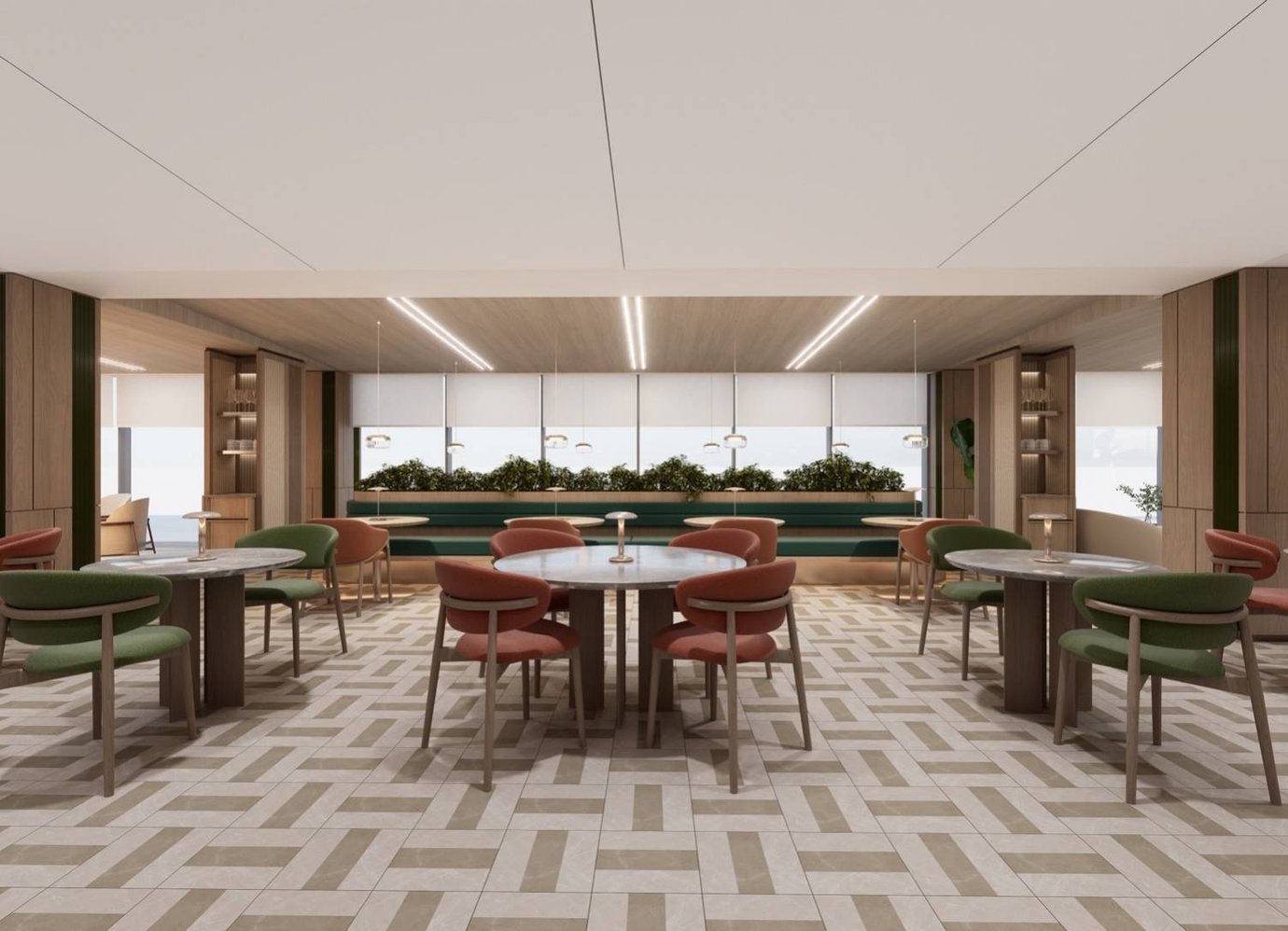 Spacious dining area inside The Coral Finest Business Class Lounge, Concourse C, Bangkok Suvarnabhumi Airport, featuring patterned tile flooring, circular marble tables, and modern chairs in green and terracotta tones Spacious dining area inside The Coral Finest Business Class Lounge, Concourse C, Bangkok Suvarnabhumi Airport, featuring patterned tile flooring, circular marble tables, and modern chairs in green and terracotta tones