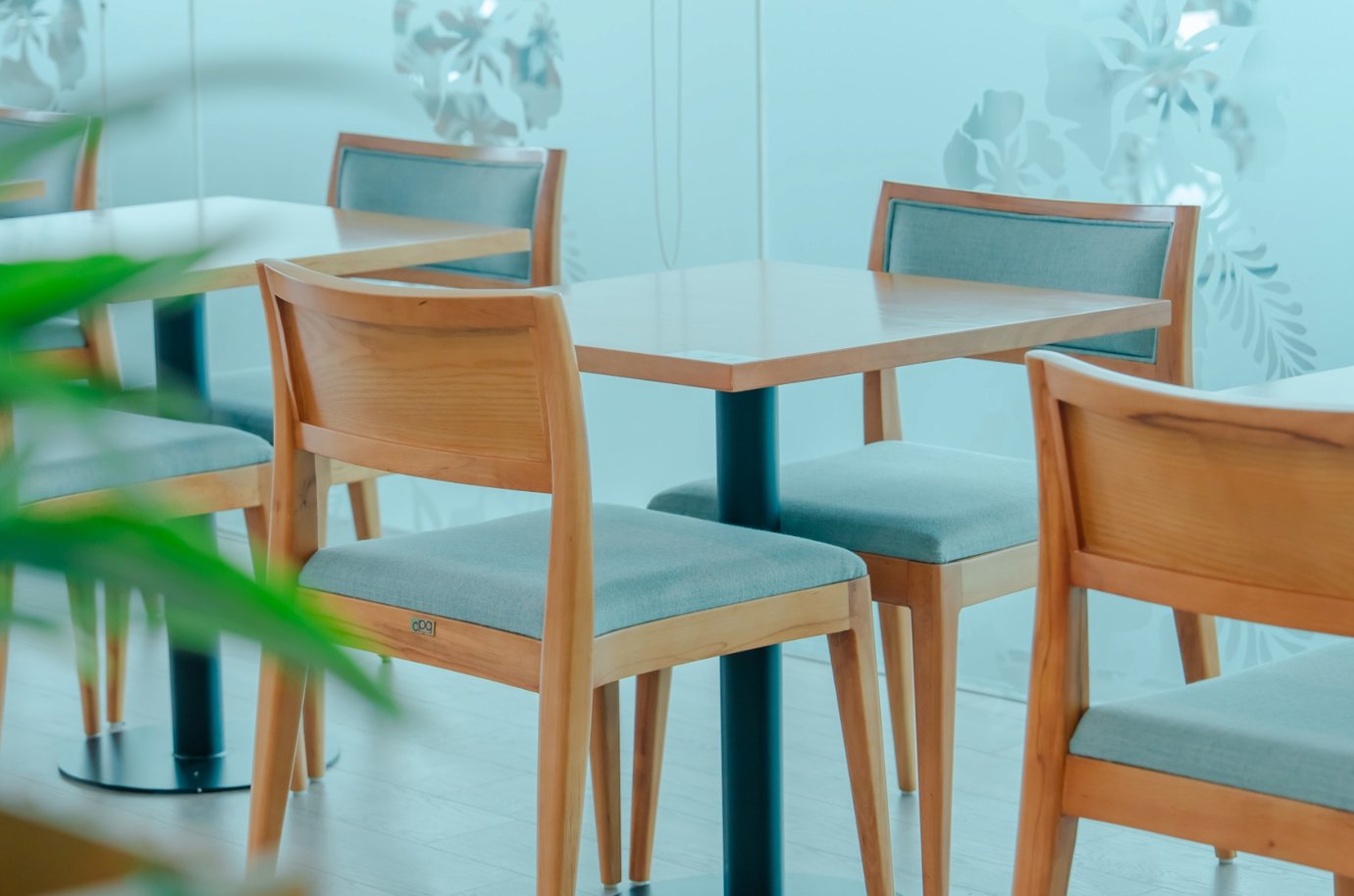Wooden dining tables with matching cushioned chairs arranged in the seating area, set against frosted glass panels with floral patterns at SH Premium Lounge, Cat Bi International Airport (HPH).