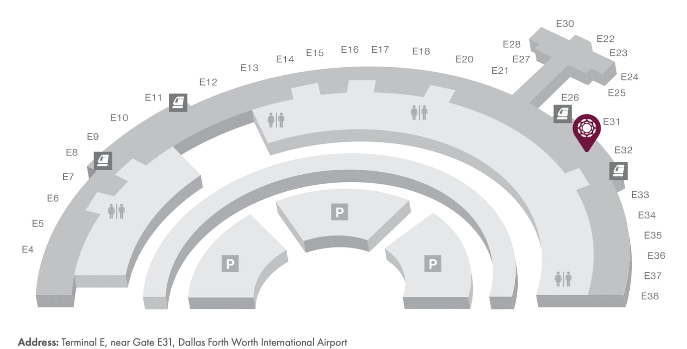 Map of DFW Terminal E highlighting the location of the Plaza Premium lounge. Map of DFW Terminal E highlighting the location of the Plaza Premium lounge.