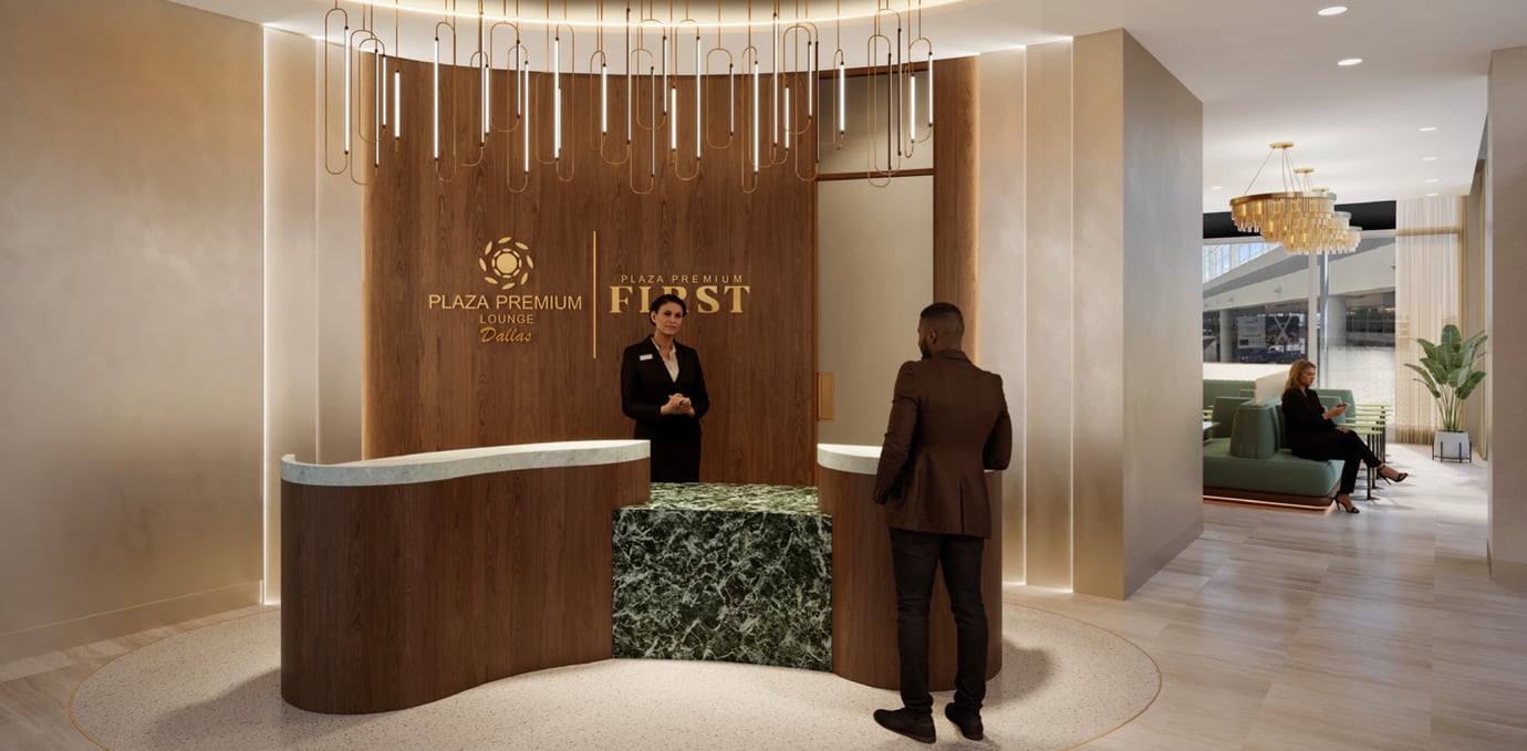Reception area for the Plaza Premium First Lounge Dallas at DFW Airport. The space features a luxury check-in desk with rich wood paneling, marble accents, sculptural lighting, and concierge-style service. Reception area for the Plaza Premium First Lounge Dallas at DFW Airport. The space features a luxury check-in desk with rich wood paneling, marble accents, sculptural lighting, and concierge-style service.