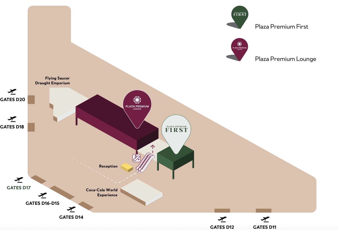 Map of Dallas Fort Worth Airport highlighting the Plaza Premium Lounge Location in Terminal D Map of Dallas Fort Worth Airport highlighting the Plaza Premium Lounge Location in Terminal D