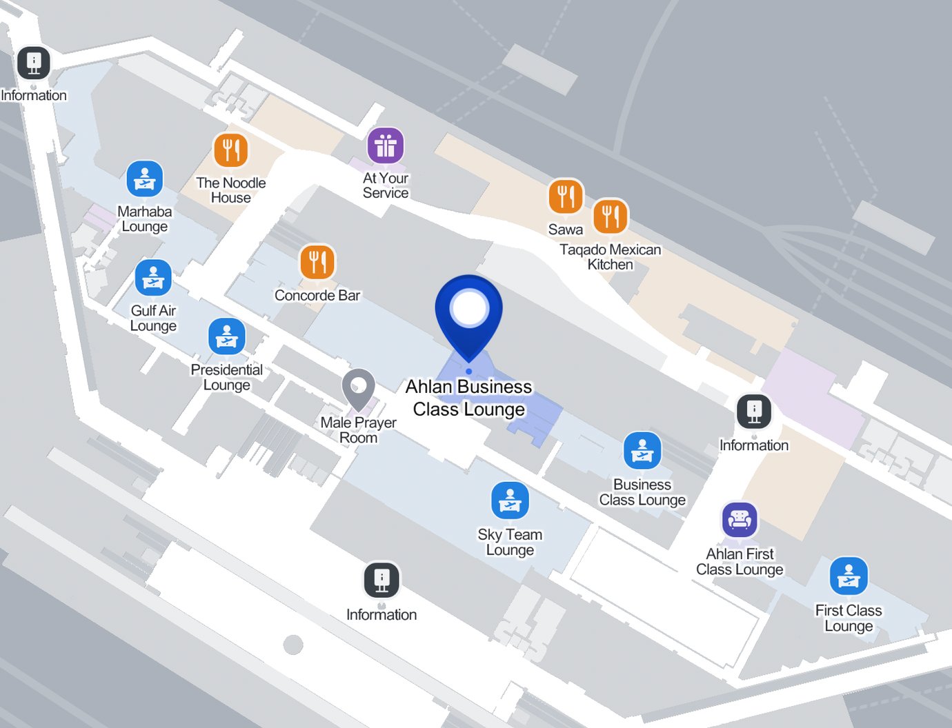 Dubai International Airport map highlighting the location of the Ahlan business class lounge in terminal 1. Dubai International Airport map highlighting the location of the Ahlan business class lounge in terminal 1.
