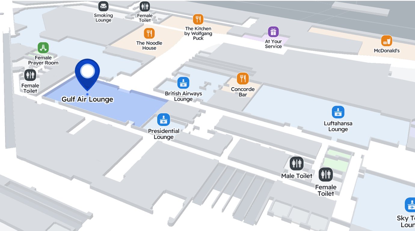 Dubai International airport map highlighting the location of the Gulf Air Lounge in Terminal 1. Dubai International airport map highlighting the location of the Gulf Air Lounge in Terminal 1.