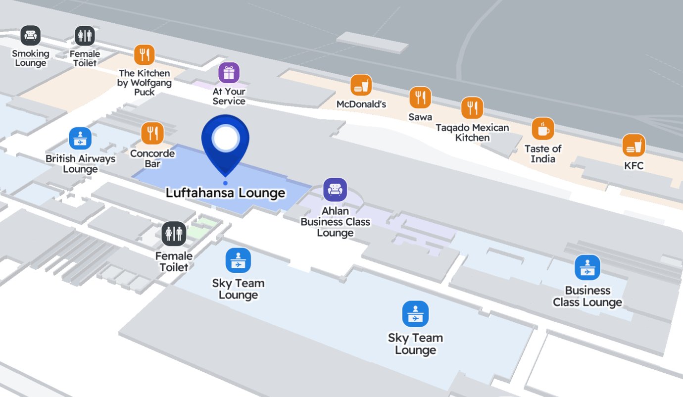 Map of Terminal 1 Dubai International Airport highlighting the location of the Lufthansa Business Class lounge. Map of Terminal 1 Dubai International Airport highlighting the location of the Lufthansa Business Class lounge.