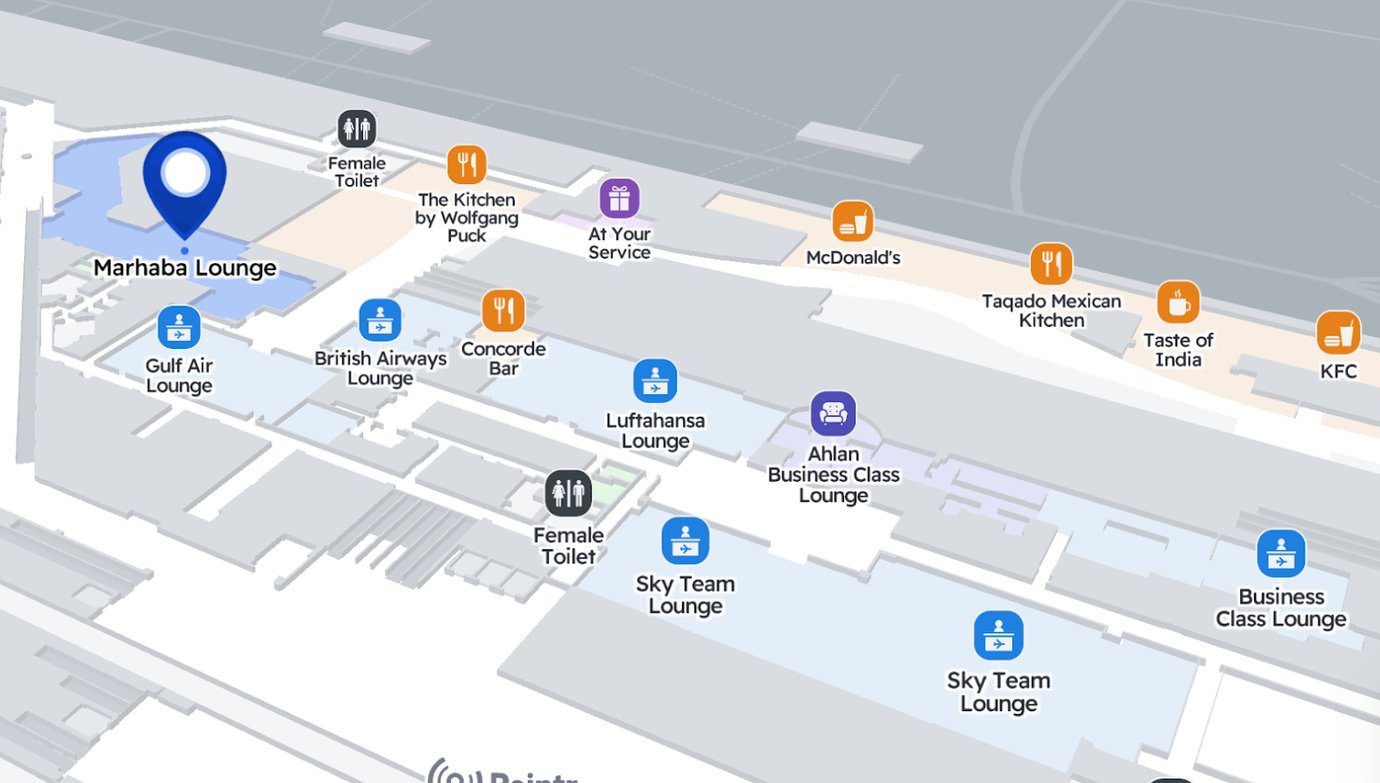 Map of terminal 1 in Dubai International Airport highlighting the location of the Marhaba Lounge Map of terminal 1 in Dubai International Airport highlighting the location of the Marhaba Lounge