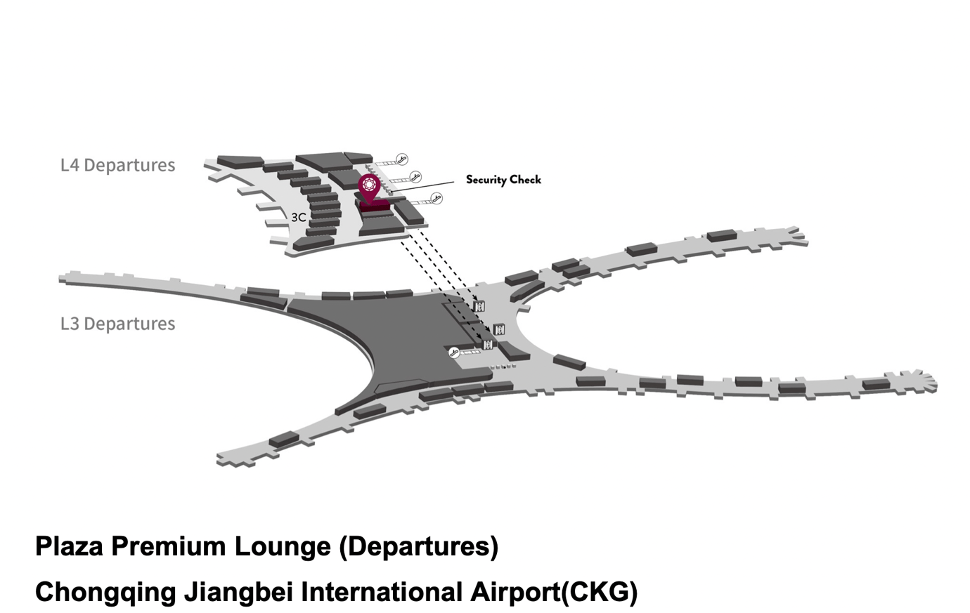 Map of Chongqing Airport highlighting the location of the Plaza Premium Departures Lounge