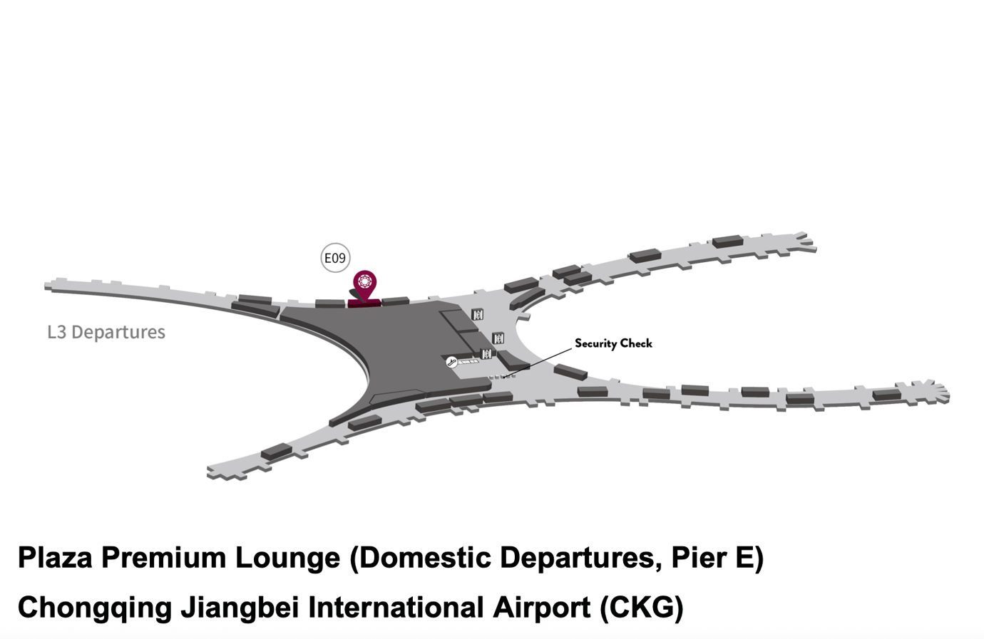 Map of location of the Plaza Premium lounge at Pier E, Chongqing Jiangbei International Airport