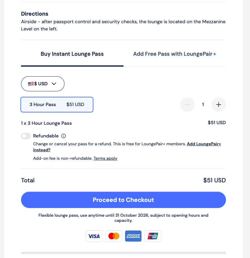 Lounge pass purchase field on the LoungePair website