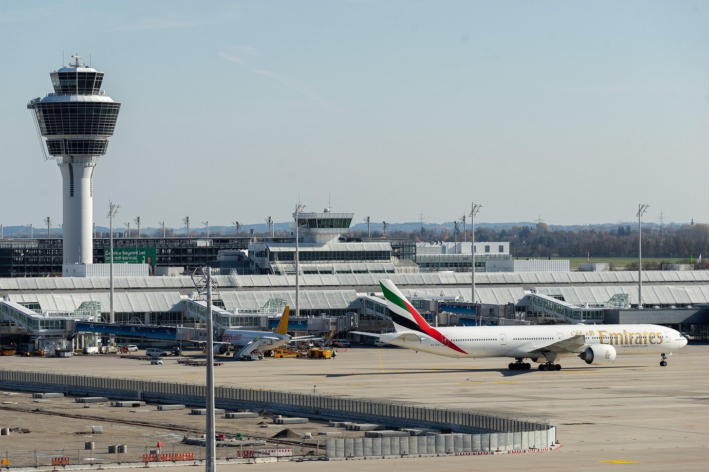 An Emirates Boeing 777 at Munich Airport in Germany