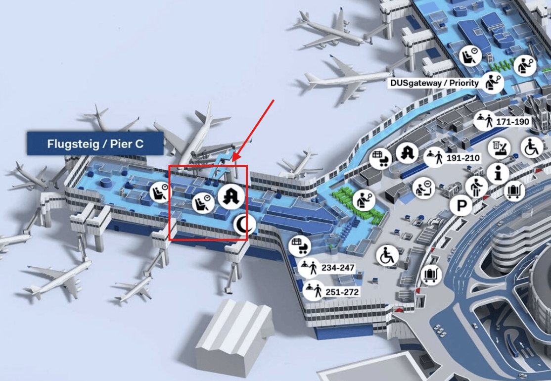 Image of Dusseldorf airport highlighting the location of the Open Sky Lounge. Image of Dusseldorf airport highlighting the location of the Open Sky Lounge.
