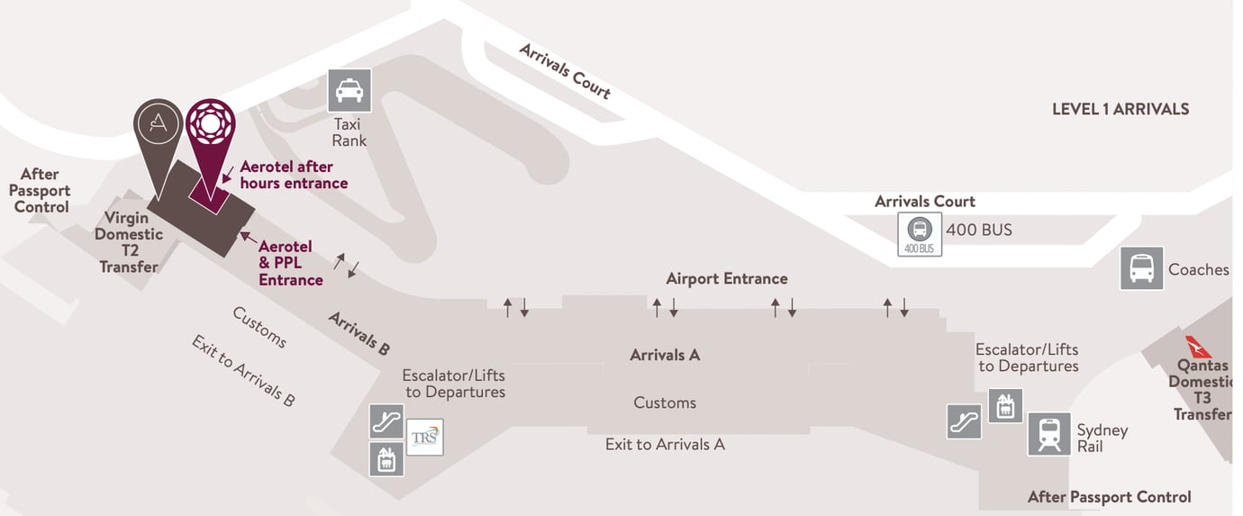 Map of Sydney Airport highlighting the location of the Plaza Premium Arrivals Lounge