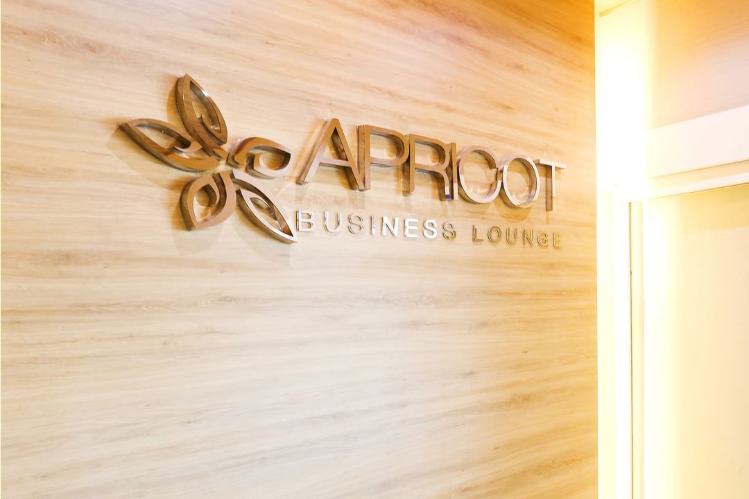 Entrance wall of the Apricot Business Lounge at Tan Son Nhat International Airport, featuring a warm beige stone backdrop with a metallic ‘Apricot Business Lounge’ logo.