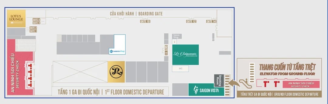 Map from SASCO showing location of different lounges in Terminal 1 Tan Son Nhat International Airport (SGN)