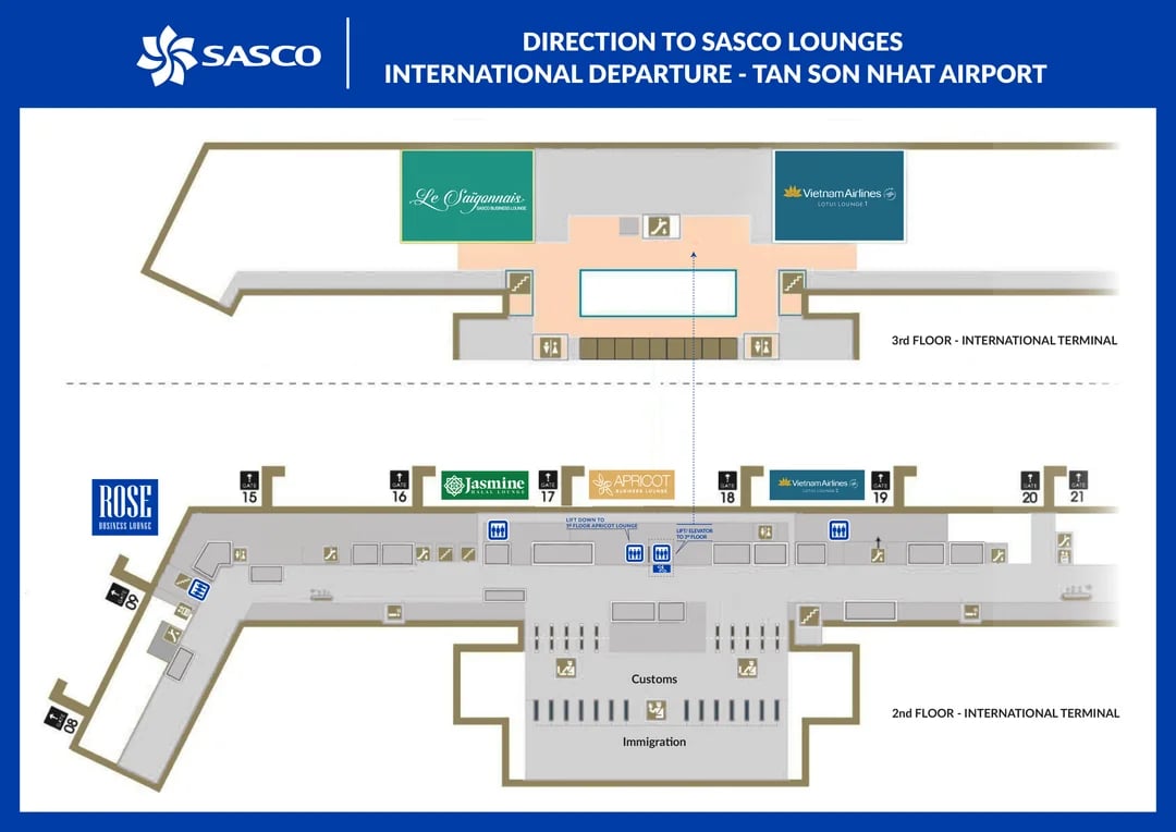 Map from SASCO showing location of different lounges in Terminal 2 Tan Son Nhat International Airport (SGN)
