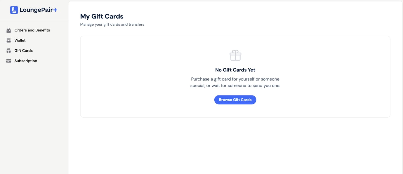My gift cards page at Loungepair