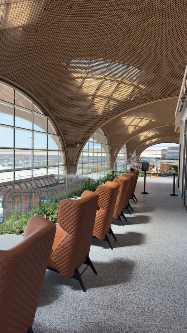 Seating at the Plaza Premium Lounge, Techo Airport in Cambodia.